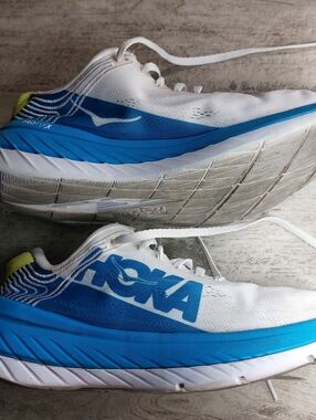 Hoka White, Blue & Neon Yellow Athletic Running Shoes